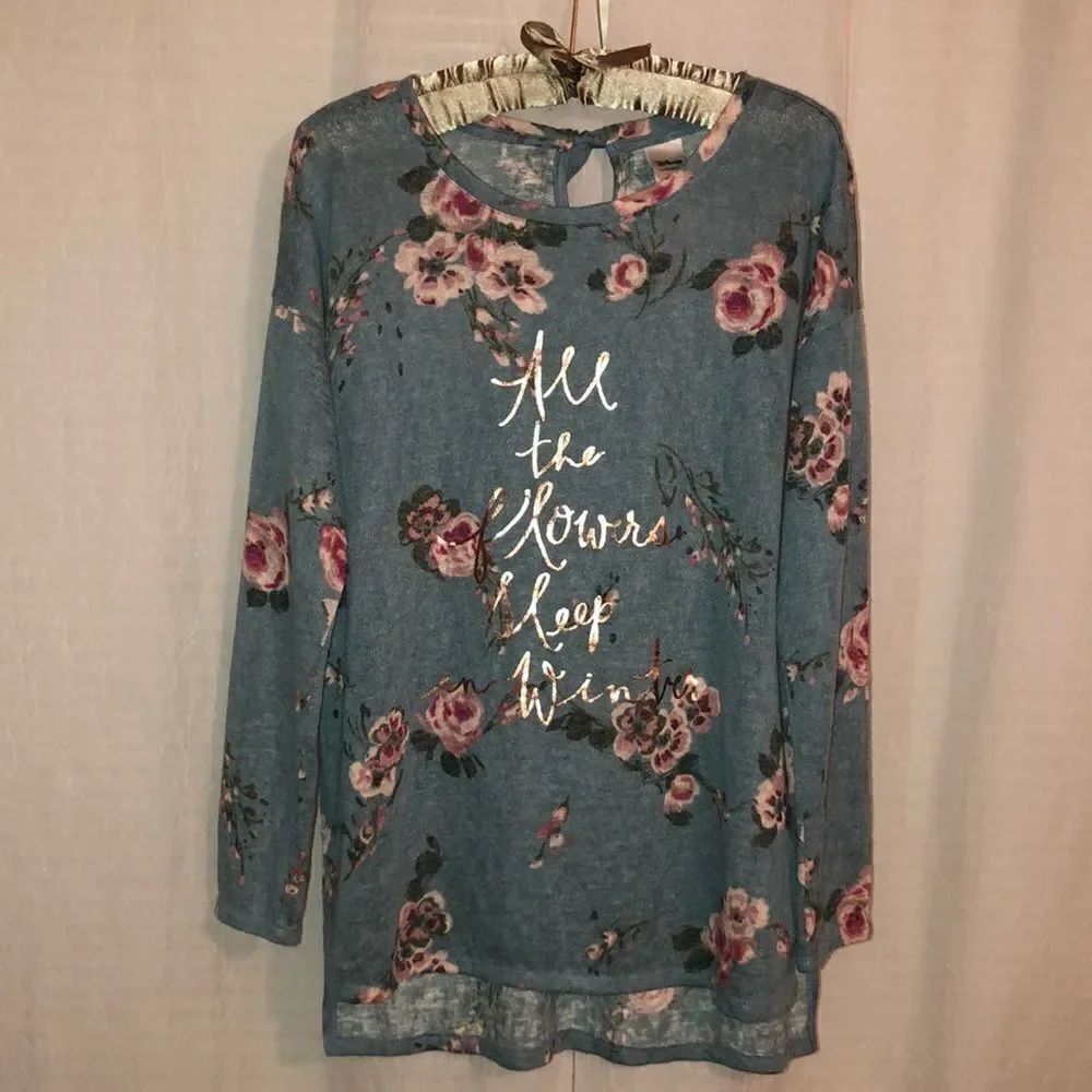 Disney L Lauren Conrad Collection Fine Knit Light Teal Green Floral Sweater